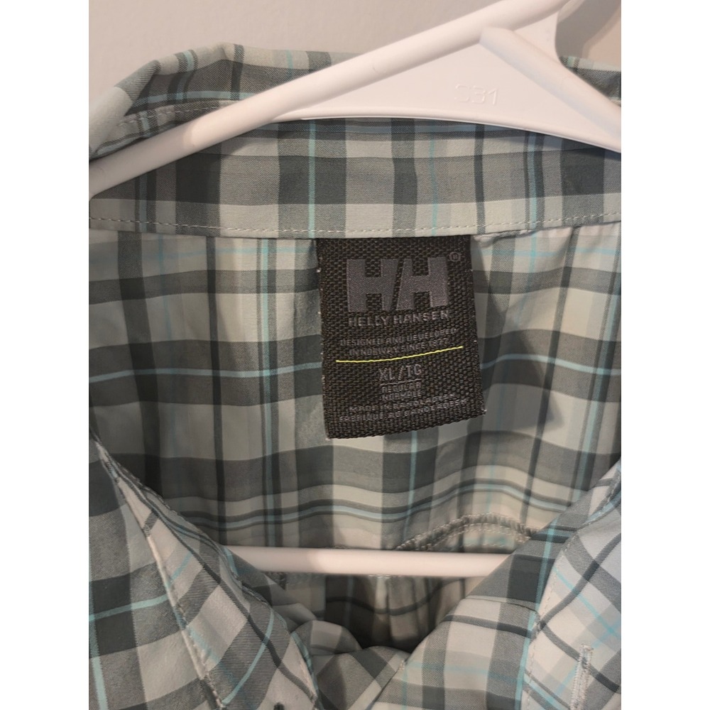 Helly Hansen Mens XL Plaid Short Sleeve Button Up Shirt Green Blue Hiking 34220 - Picture 2 of 8